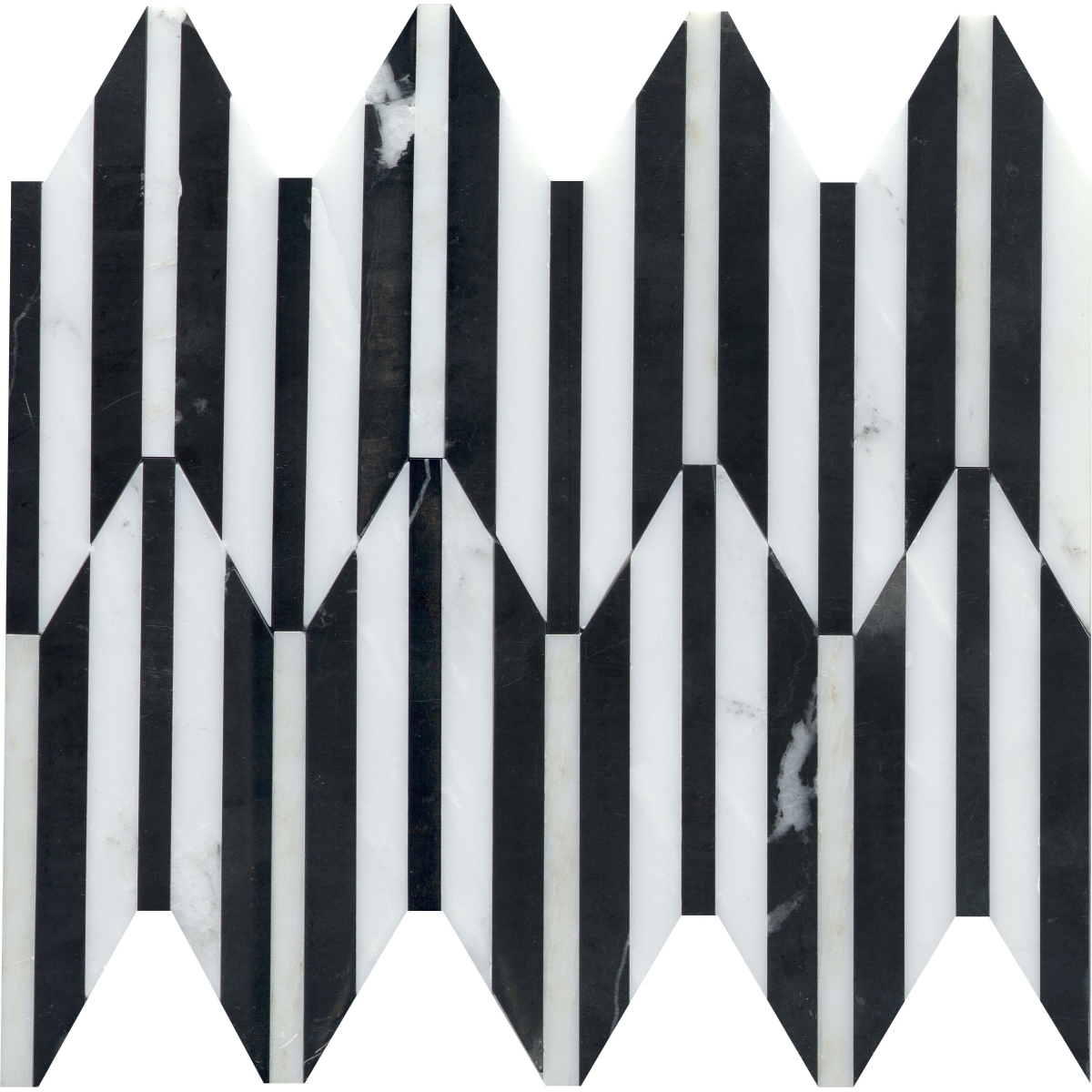 Bizou Polished Peak Mosaic tile in White/Black color, marble material, size 0.57x5/10x12